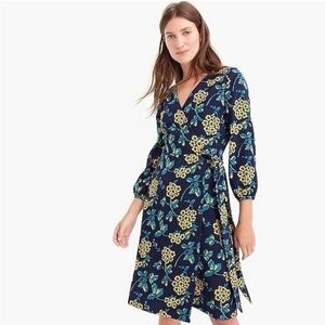 J CREW Navy Blue Golden Floral Wrap Dress Size 8 V-neck 3/4 Sleeve